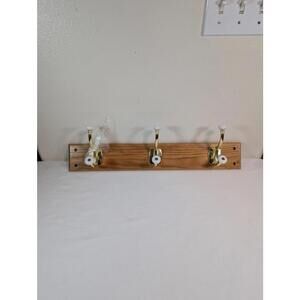 Wall Mounted Wooden Coat Rack with Brass Hooks and Porcelain Knobs
